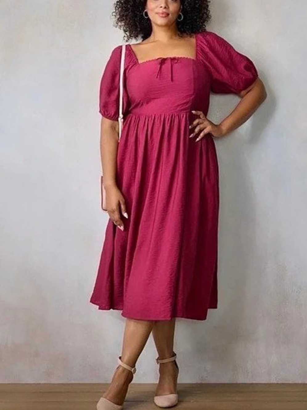 LC Lauren Conrad Puffed Sleeve A-Line Midi Dress Puff Sleeve Midi Dress
